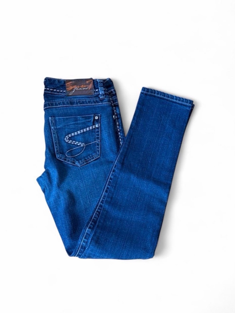 Seven7 Blue Jeans Sz 27 with White Stitching, & Rhinestone Detail Sz 27